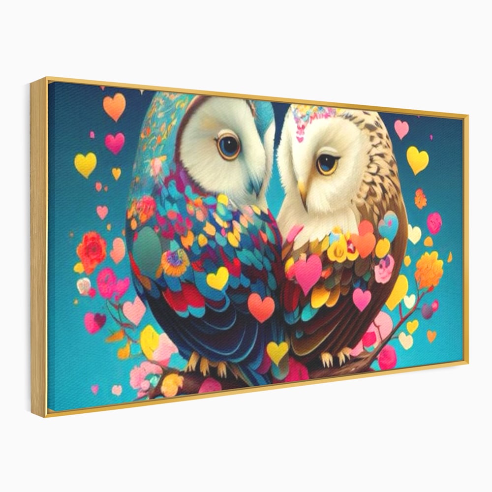 Tablou canvas cu tablou canvas cu doua bufnite colorate si inimi, in rama de aluminiu auriu